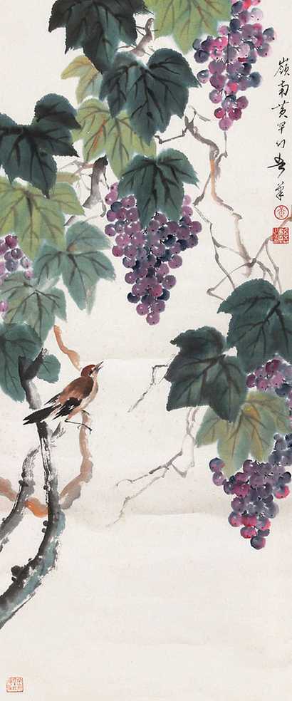 黄幻吾 葡萄翠鸟 立轴